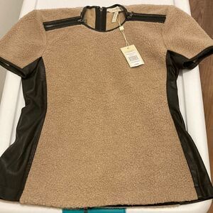 BCBG NWT Runway Nadya Top. Tan Sherpa Texture and Brown Faux Leather. Size XXS.